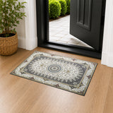 Traditional Persian Rug with Rosette Medallion Design Grey & Cream
