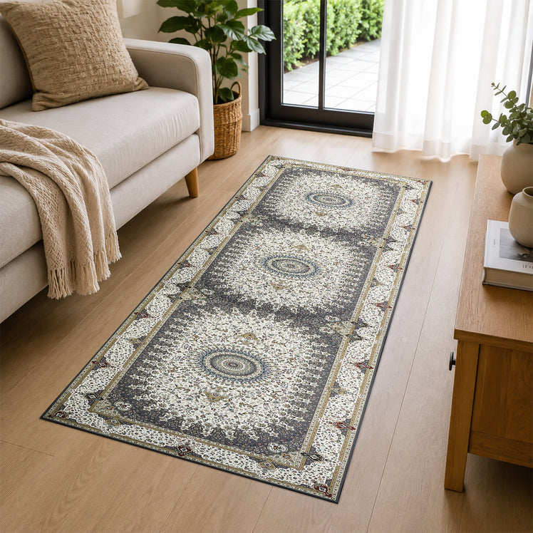 Traditional Persian Rug with Rosette Medallion Design Grey & Cream