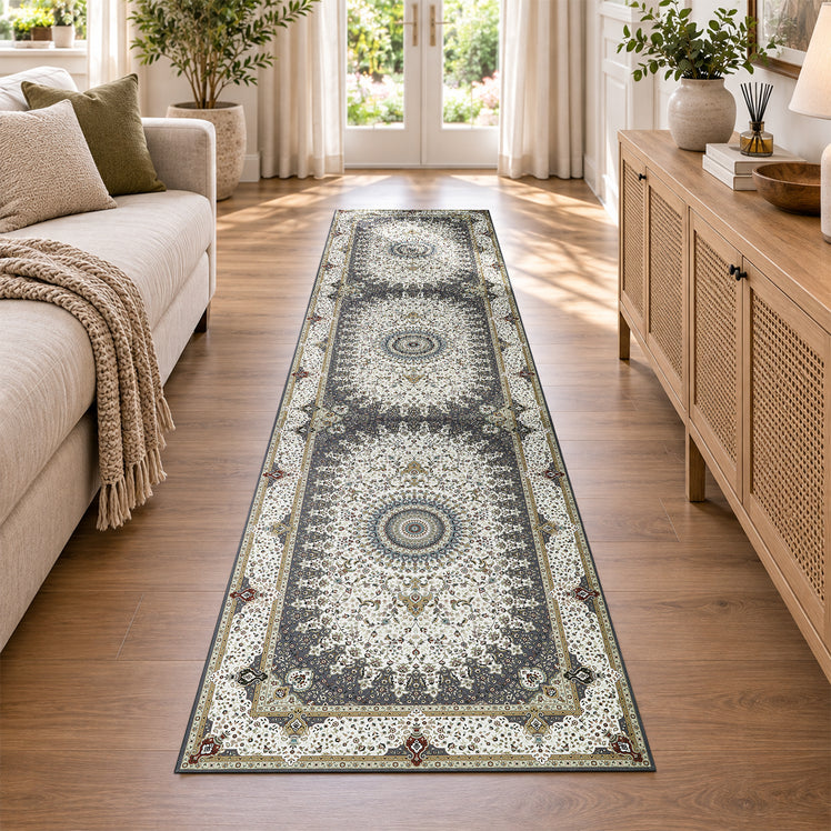 Traditional Persian Rug with Rosette Medallion Design Grey & Cream