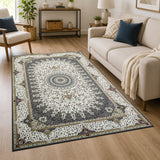 Traditional Persian Rug with Rosette Medallion Design Grey & Cream