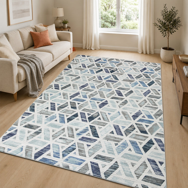 Area Rug Geometric Print Carpet Non Slip Soft Navy & Ivory