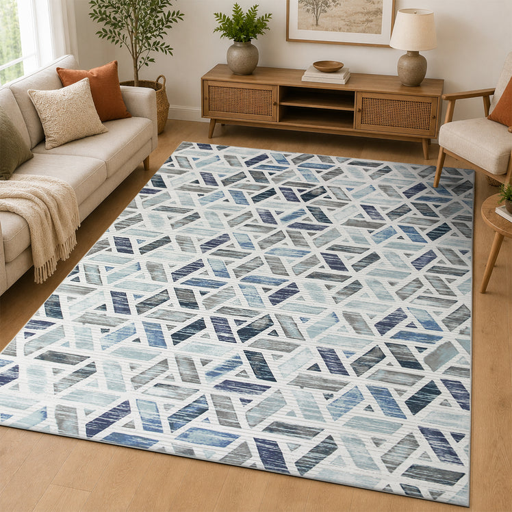 Area Rug Geometric Print Carpet Non Slip Soft Navy & Ivory