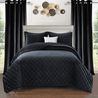 Black Crushed Velvet Bedspread Set & Matching Eyelet Curtain
