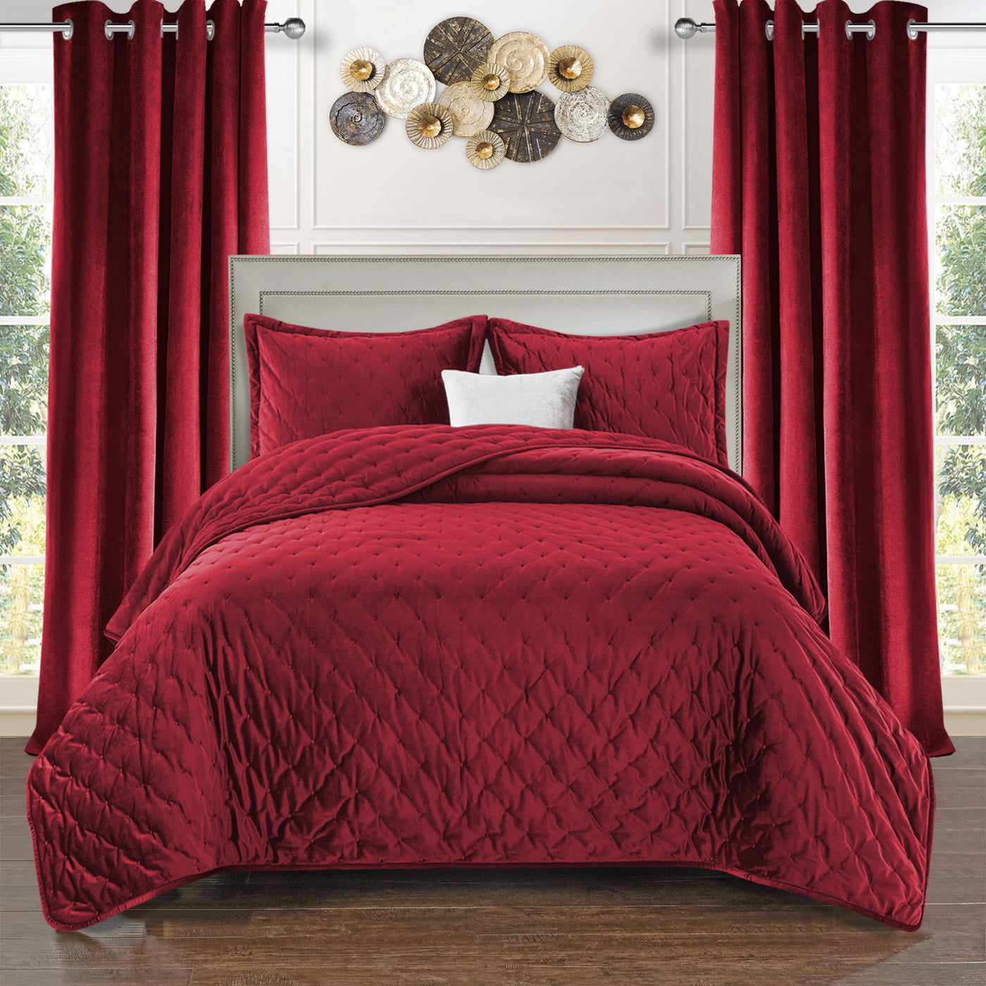 Burgundy Crushed Velvet Bedspread Set & Matching Eyelet Curtain