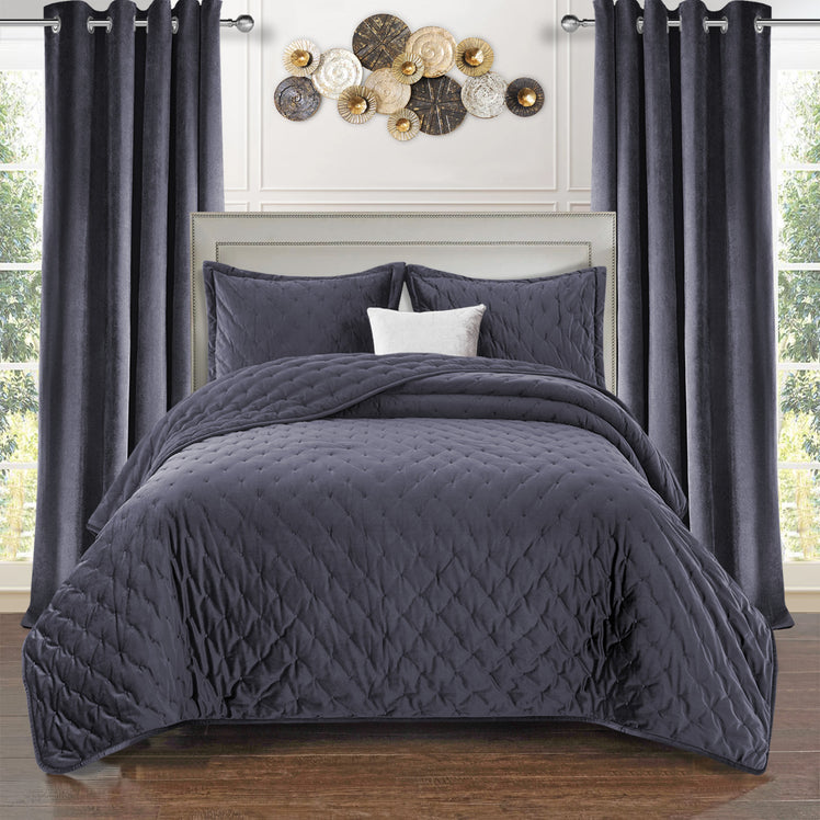 Charcoal Crushed Velvet Bedspread Set & Matching Eyelet Curtain