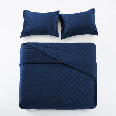 Blue Crushed Velvet Bedspread Set & Matching Eyelet Curtain