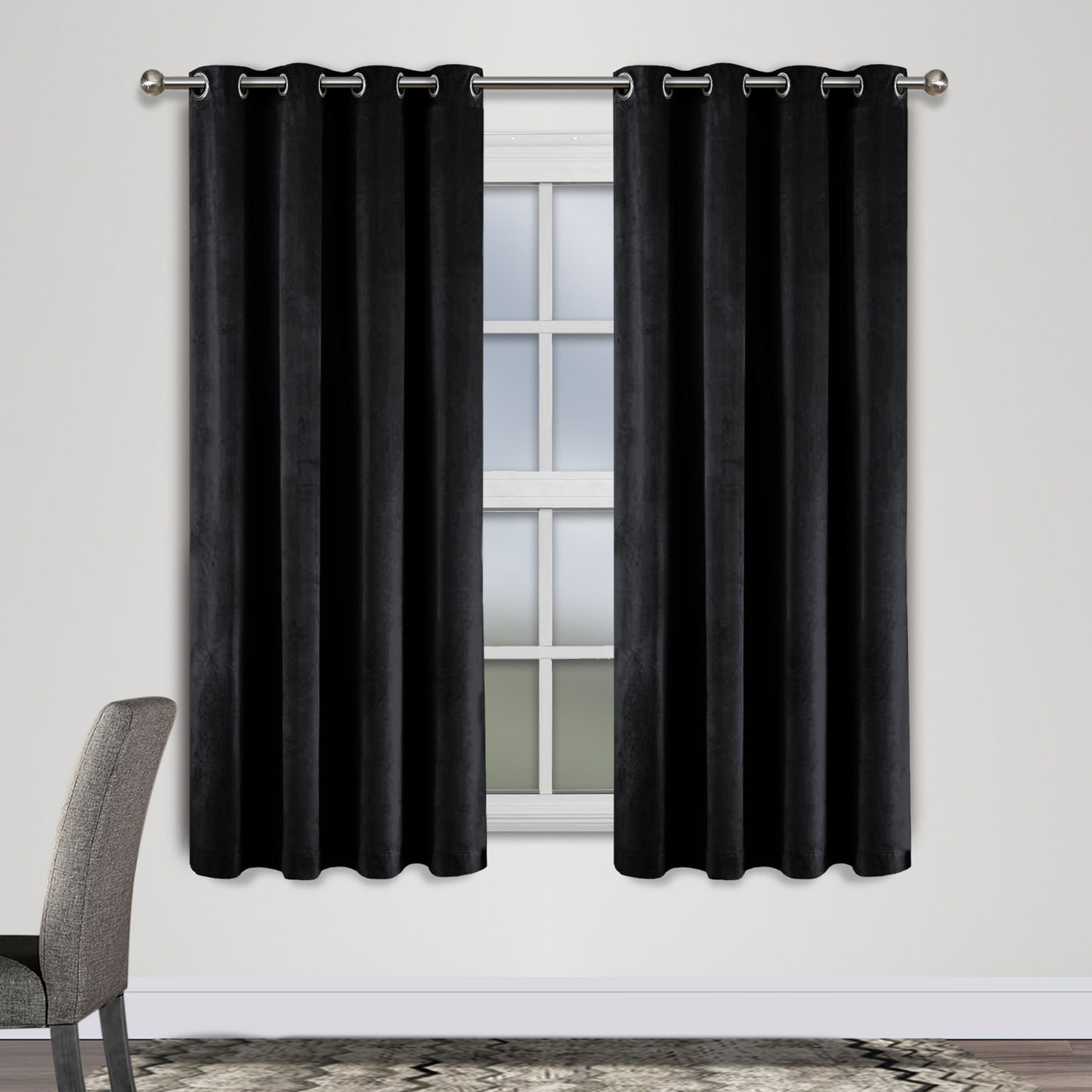 Crushed Velvet Window Eyelet Curtains Black