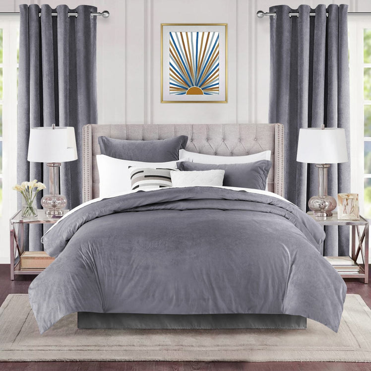 Crushed Velvet Grey Duvet Cover & Matching Eyelet Curtain
